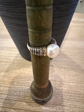 Sterling Silver With 14K Gold Accent Diamond and Fresh Water Pearl Ring Size7.25